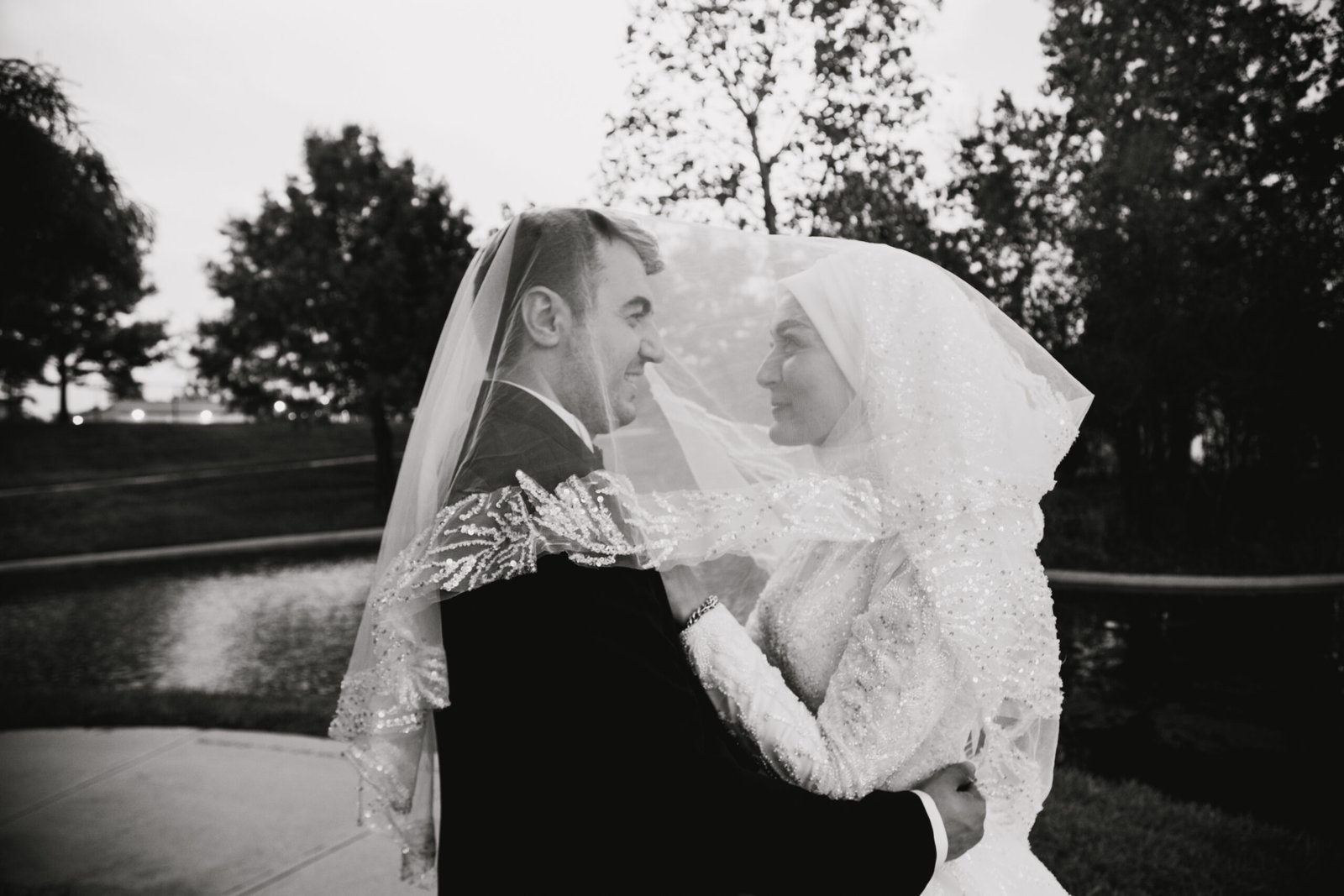 Bride and groom in black and white